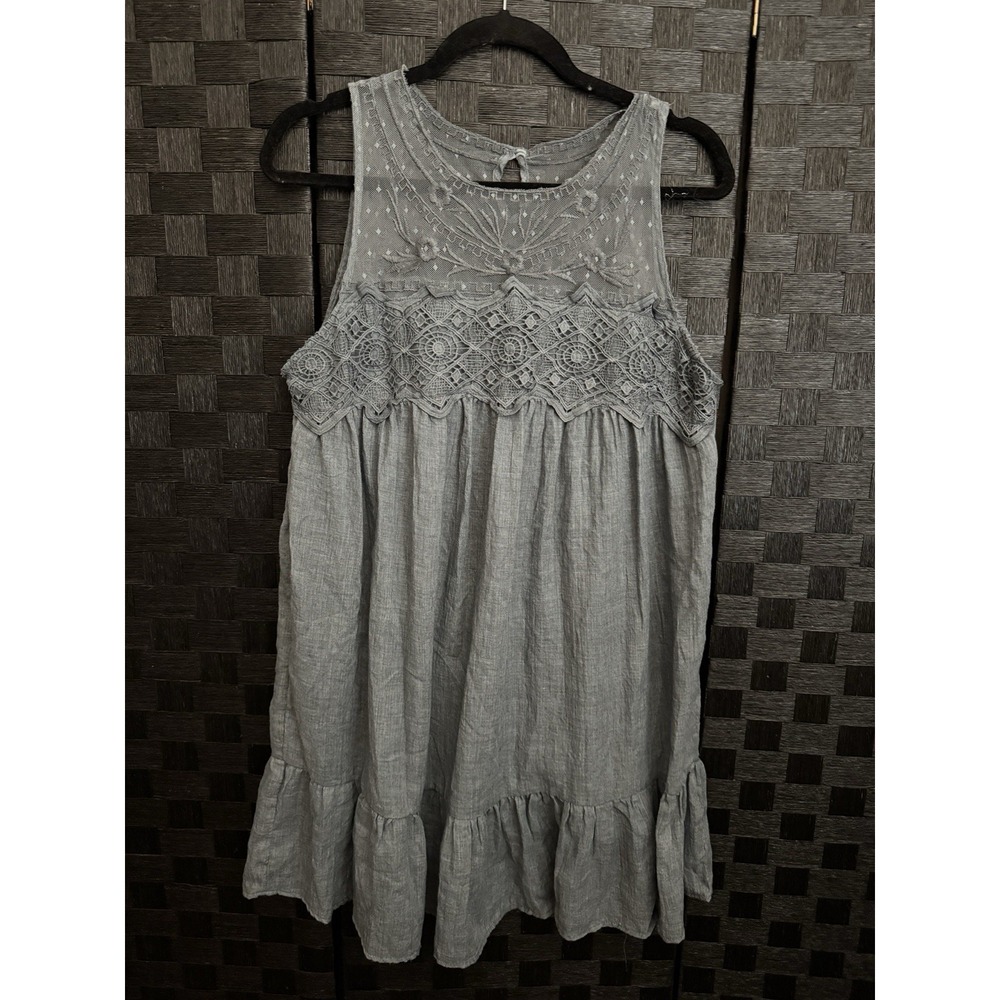 Umgee Medium Dusty Blue Boho Crochet Lace Embroidered Cottagecore Babydoll Dress